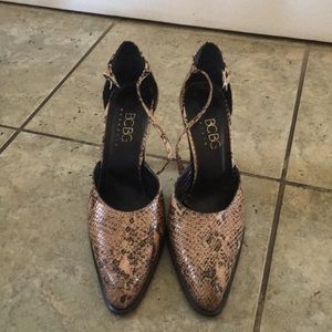BCBG Snake Print Ankle Strap Heels